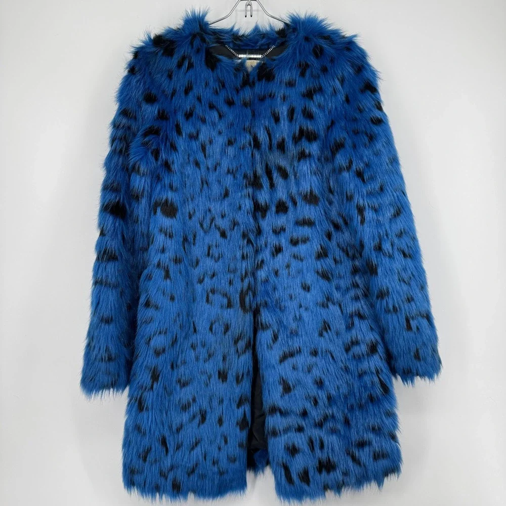 Michael Kors Blue Leopard Print Faux Fur Coat Womens XS Electric Blue Jacket